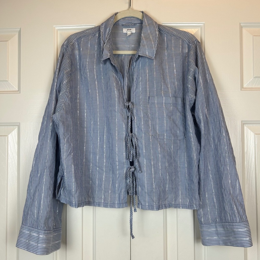 Aerie Striped Tie Front Metallic Shimmer Long Sleeve Top